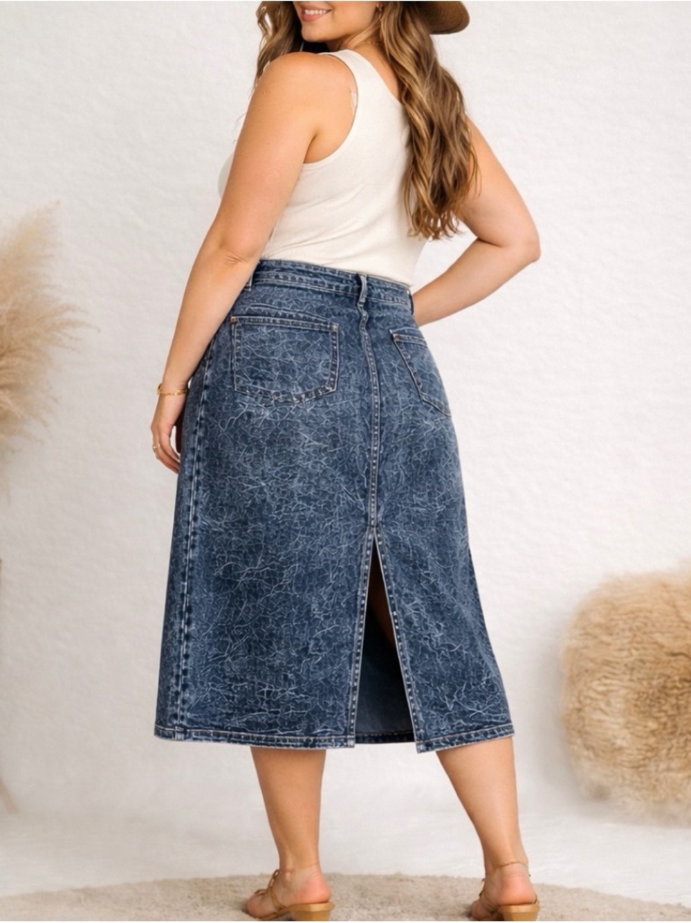 Judy Blue Acid Wash Denim Midi Skirt 1XL Stretch A-Line Back Slit Boho Y2K